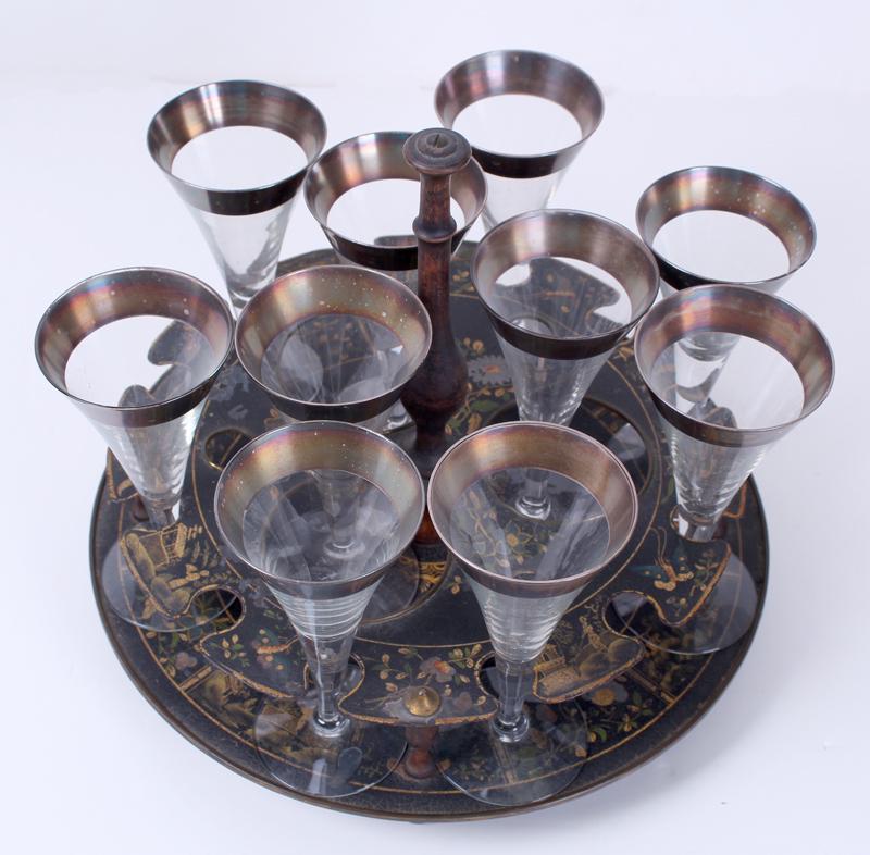 Vintage Liquor Caddy & silver-rimmed glasses  (eleven) (1 of 3)