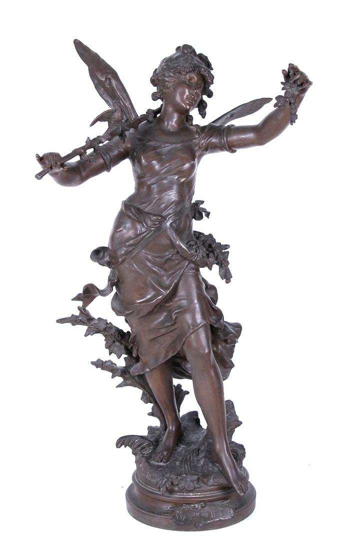after Louis Moreau (19 th Century) French: NYMPH DES BOIS, cast patinated spelter sculpture, with artistâ€™s name in the design, 31 ½” tall, 32 lbs.
