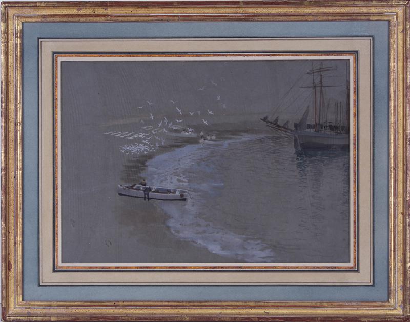 Frederick J. Waugh (1861-1940) American: FISHING VESSELS AT CORNWALL, ON THE SHORE, ST. IVES, circa 1898, gouache on card, signed and authenticated by Colton Waugh on the verso, sight 9 ½ x 13 ½”, frame 15 x 19” wit