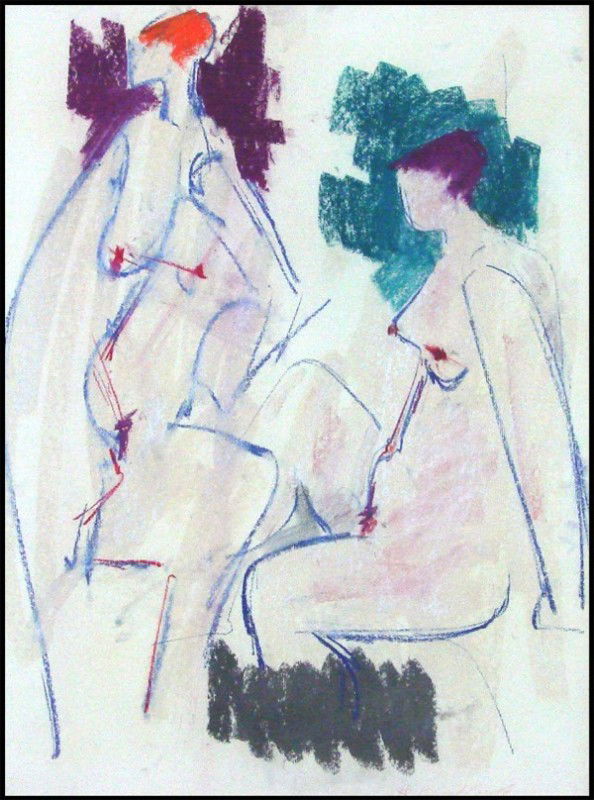 Hans Burkhardt: Artist: Hans Burkhardt Birthdate: (1904-1994) Californian TWO NUDE WOMEN, color pastel on paper, signed lower right, 24 x 18", framed with glass, some minor toning at sheet edge, otherwise in good con