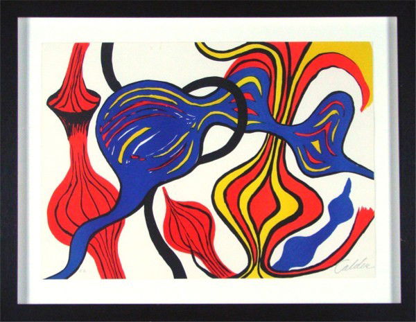 attributed to Alexander Calder: Artist: attributed to Alexander Calder Birthdate: (1898-1976) American UNTITLED, color lithograph, signed in pencil, artist's proof aside from the numbered edition, sheet 20 x 28 ¼", framed, extremel