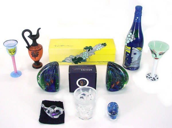 Decorative Arts: Lichtenstein ephemera, Zellique Ar: Artist: Decorative Arts: Lichtenstein ephemera, Zellique Art Glass, Lalique, Kosta Boda & Art Glass and more Birthdate: (nine) A collection of ephemera, glass and ceramic objects: TAITTENGER LICHTENST