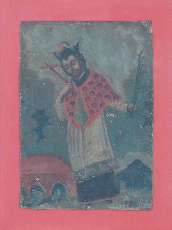 Decorative Arts: Antique Mexican Folk Retablo: Artist: Decorative Arts: Antique Mexican Folk Retablo Birthdate: (18th/ 19th Century) SAN JUAN NEPOMUCENO, antique oil painting on tin, 13 x 9", framed with glass, paperwork on verso suggests date c.1