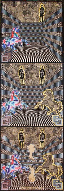 Pedro Friedeberg: Artist: Pedro Friedeberg Birthdate: (b. 1937) Mexican LA VENUS DE CHILPANCINGO, acrylic painting and extensive ink drawing on three panels attached to wood board, signed lower right, each panel 14 ¾