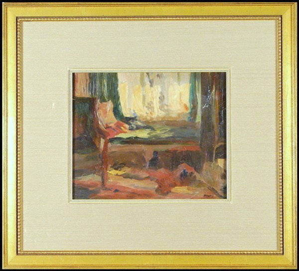 attributed to Robert Henri: Artist: attributed to Robert Henri Birthdate: (1865-1929) American INTERIOR, oil painting on Russell's Canvas board, signed Henri lower right, 10 x 12", framed, surface soiling, surface scuffs and scr