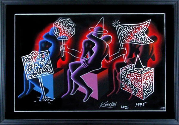Mark Kostabi: Artist: Mark Kostabi Birthdate: (b. 1960) American CLAUDE'S EXERCISE IN COLOR THEORY, 1994, color screenprint with extensive silver marker drawing, signed in ink, hor commerce 30 aside from the number