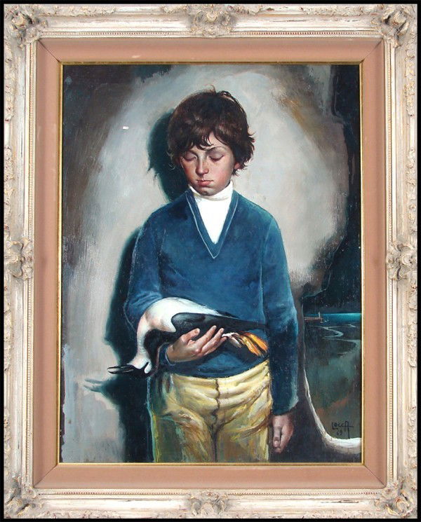 Albert Locca: Artist: Albert Locca Birthdate: (1895-1966) Swiss UNE VICTIME DE LA MAREE NOIRE ET MON FILS FREDERIC, 1969, oil painting on canvas, signed an dated lower right, titled signed and dated on verso, 32 x
