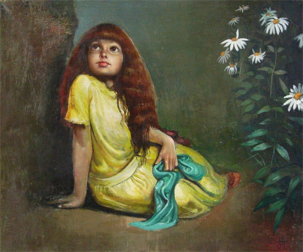 Albert Locca: Artist: Albert Locca Birthdate: (1895-1966) Swiss GIRL IN YELLOW DRESS, oil panting on canvas, signed lower right, 21 x 25 ½", perimeter chips, diagonal crack with minor losses beneath subject, other