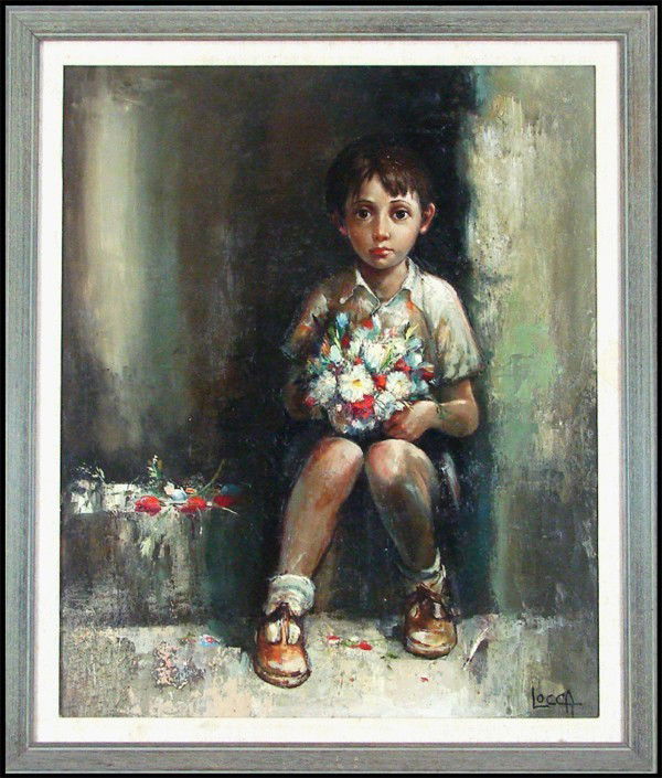 Albert Locca: Artist: Albert Locca Birthdate: (1895-1966) Swiss CHILD WITH BOUQUET, oil painting on canvas, signed lower right, 28 x 24", framed, hairline cracking throughout, surface soiling, otherwise in good con