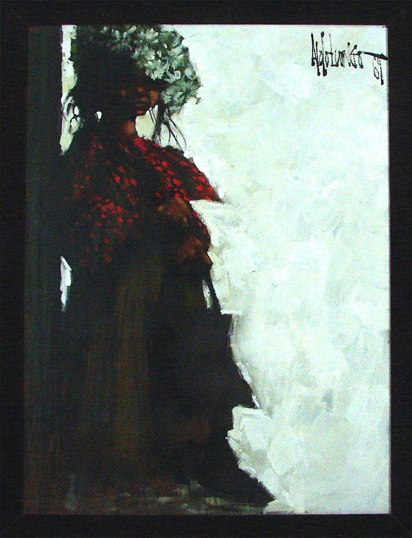 Aldo Luongo: Artist: Aldo Luongo Birthdate: (b. 1940) Argentinean DRESSING UP, 1969, oil painting on canvas, signed and dated upper right, 40 x 30", framed, a few hairline cracks, otherwise in good condition.