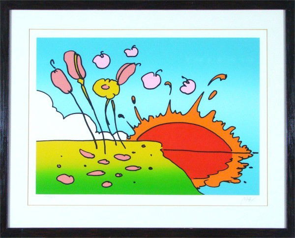 Peter Max: Artist: Peter Max Birthdate: (b. 1937) German/American SUN & FLOWERS, 1977, color lithograph, signed in pencil, from the numbered edition 250, image 18 ¾ x 26 ½", full margins, artist's blindstamp l