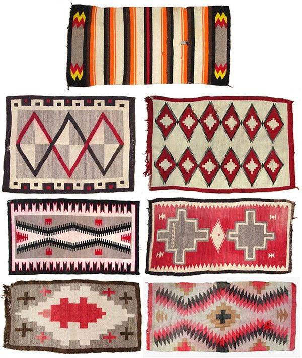 Native American Blankets: Artist: Native American Blankets Birthdate: (early to mid-20th Century) (seven) A collection of seven hand-woven and dyed Grey Hills, Navajo and others rugs and blankets, from the 1920's – 1960's, w