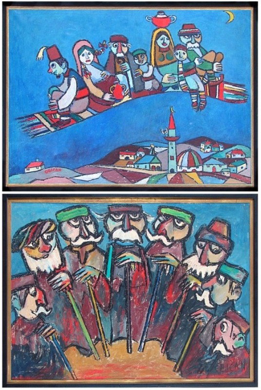 Jovan Obican: Artist: Jovan Obican Birthdate: (1918-1986) Croatian (two) MAGIC CARPET; STIRRING THE POT, two oil paintings on canvas, each signed, 43 x 31" & 26 x 36", both framed, the first with cracking and assoc