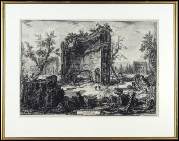 Francesco Piranesi: Artist: Francesco Piranesi Birthdate: (c.1758-1810) Italian VEDUTA DEGLI AVANZI DELLE FABBRICHE DEL SECONDO, engraving, signature in design, plate 19 x 27 ¼", full margins, with fold, framed with gla