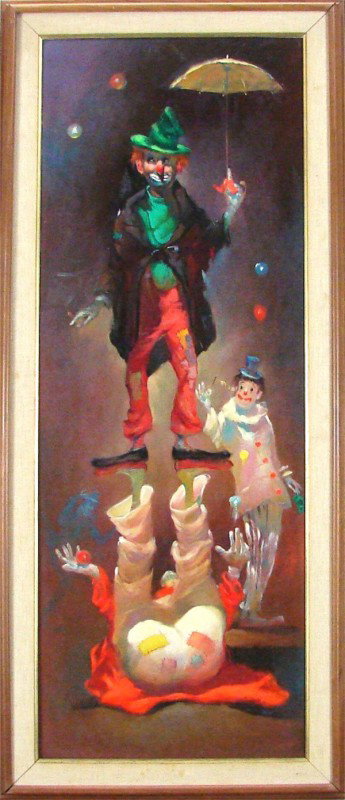 Julian Ritter: Artist: Julian Ritter Birthdate: (1909-1989) German/American CLOWNS AT WORK, oil painting on Masonite, signed lower right, 47 ½ x 18", framed, some variations in the surface lacquer, otherwise in goo