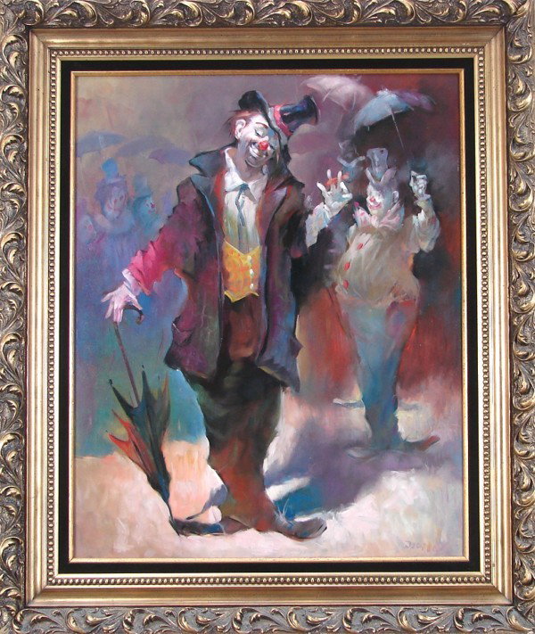 Julian Ritter: Artist: Julian Ritter Birthdate: (1909-1989) German/American CLOWNS, oil painting on Masonite, signed lower right, 23 x 29", framed, stray gold streak right edge, minor edge scuffs from frame, otherwi