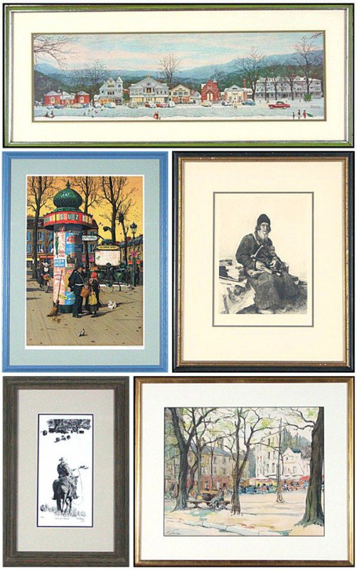 Norman Rockwell, Bruce Bomberger, Eugene Decisy, W: Artist: Norman Rockwell, Bruce Bomberger, Eugene Decisy, Western Artist, A. Pierre Birthdate: (five) WINTER SCENE, color print, autographed in pen (diminished), sight 8 ¼ x 28 ¼"; Together with Bruc