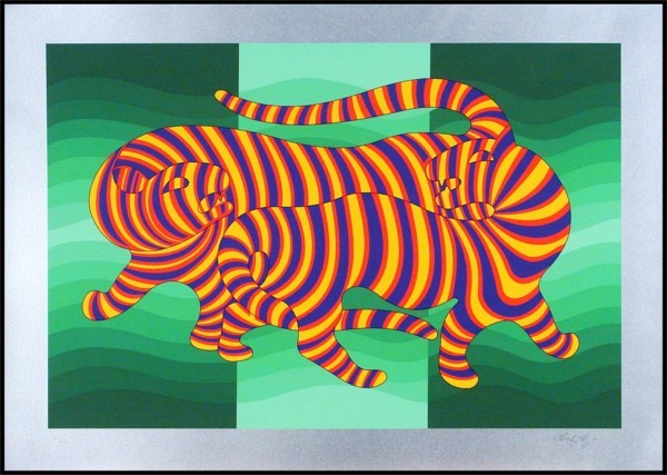 Victor Vasarely: Artist: Victor Vasarely Birthdate: (1908-1997) Hungarian TIGERS, color screenprint on silver stock, signed in pencil, from the edition Roman numeral 150, image 17 ¼ x 25 ¾", full margins, soft handl