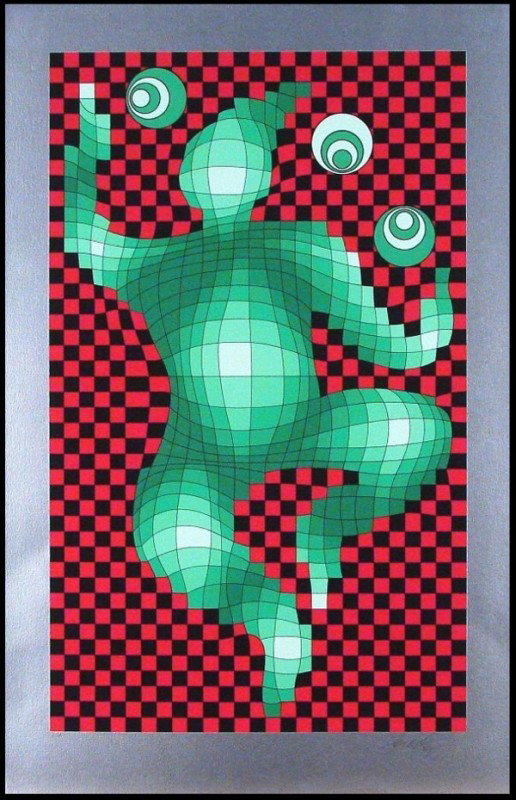 Victor Vasarely: Artist: Victor Vasarely Birthdate: (1908-1997) Hungarian HARLEQUIN, color screenprint on silver stock, signed in pencil, artist's proof aside from the numbered edition, image 26 x 15 ¾", full margins