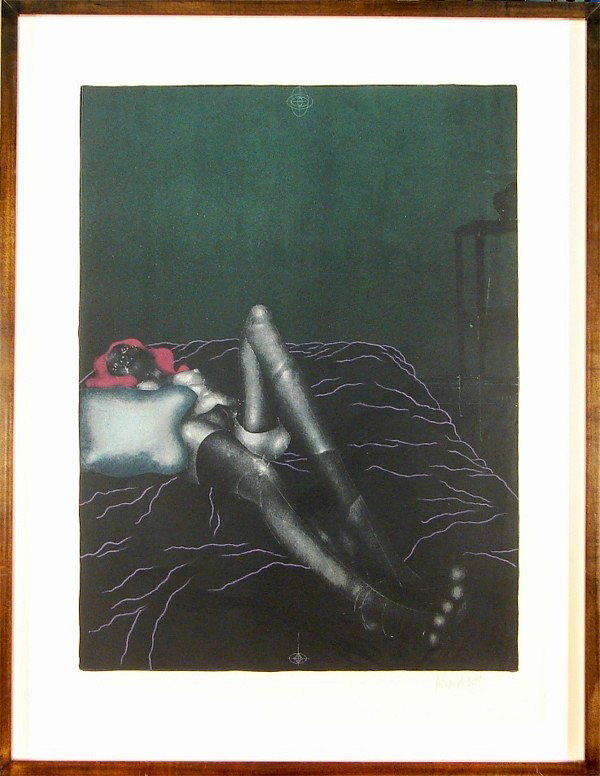 Paul Wunderlich: Artist: Paul Wunderlich Birthdate: (b. 1927) German RECLINING NUDE, color lithograph, signed in pencil, from the numbered edition 75, image 26 x 19 ½", full margins, framed with glass.