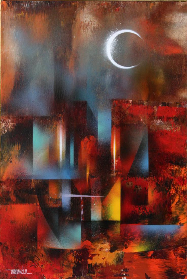 Leonardo Nierman (b. 1932) Mexican: PRISMATIC CITY, oil painting on Masonite, signed lower left, titled on verso, 23 ¾ x 15 ¾”, gilded frame 29 ¾ x 21 ¾”.