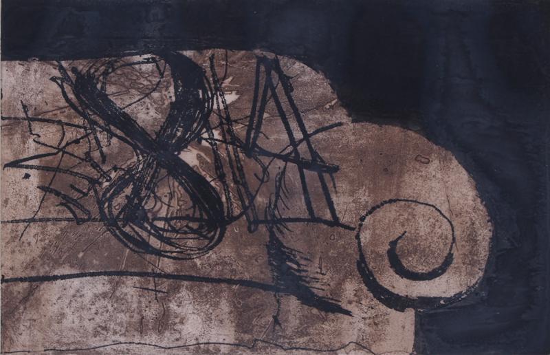 Antoni Tapies (1923-2012) Spain: SOFA, color aquatint and carborundum gravure, signed and numbered 22/75 in pencil, sheet 20 ½ x 28 ½”, frame 22 x 30 ½” with glass.