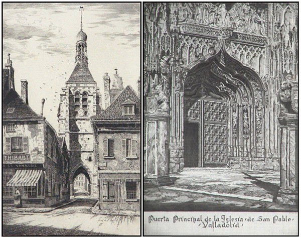 John Taylor Arms (1887-1953) American (two): LA TOUR NOTRE DAME DU VAL, PROVINS, 1931; PUERTA PRINCIPAL DE LA IGLESIA, 1934, two etchings, each signed in pencil, image 8 ½ x 5"& 4 ½ x 3 from the edition of 155 & 100, full margins, both framed