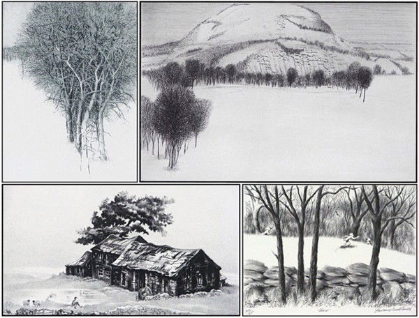 Robert Bero (2), Norma Morgan & Lawrence Beall Smit: SNOW MOUNTAIN; WINTER GROVE, two engravings, each signed in pencil, from the numbered editions 250, published by American Associated Artists, images 8 ¼ x 12 ¼"; Together with Norma Morgan, MOORLAND