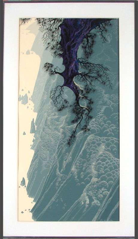 Eyvind Earle (1916-2000) Californian: MOUNTAIN RISE (B. 101), 1980, color screenprint, signed in pencil, from the numbered edition 300, published by Hammer, printed by Styria, image 40 x 20", full margins, framed, soft creases and cocklin