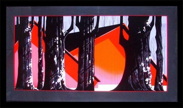 Eyvind Earle (1916-2000) Californian: BARN WITH BLACK WINTER TREES, color screenprint, signed in pen, from the numbered edition 450, published by Robert Bane Ltd., sight 23 x 47", framed. Artist: Eyvind Earle (1916-2000) Californian