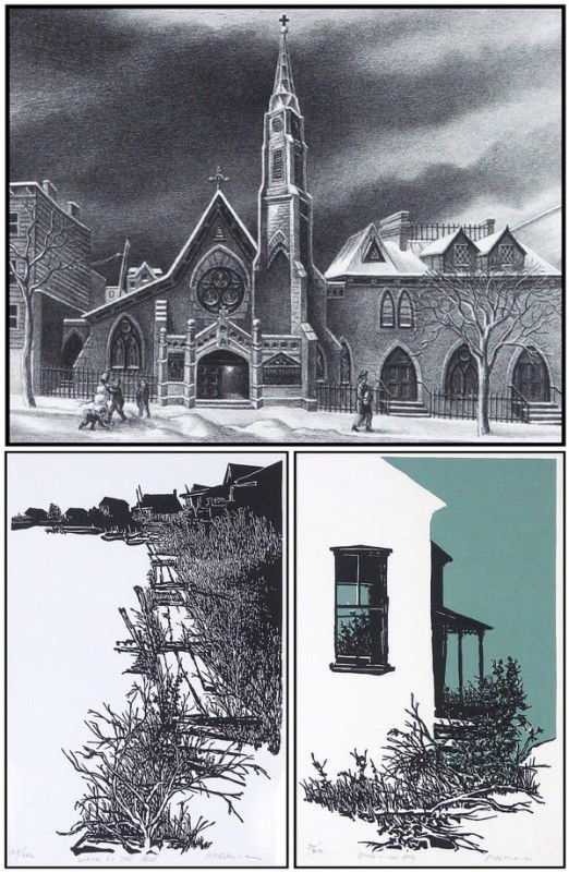 Ernest Fiene & Frank Eckmair (three): ST. MICHAELS IN BROOKLYN, lithograph, signed in pencil, published by American Associated Artists, image 9 ½ x 12 ¼", full margins; Together with Frank Eckmair, WALK BY THE SEA; HOUSE ON THE HILL, tw