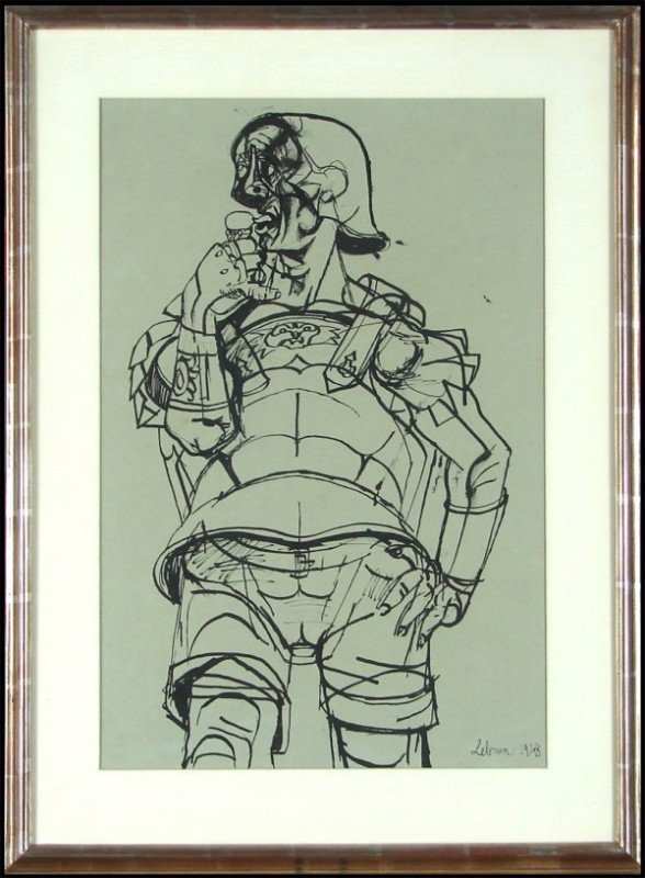 Rico Lebrun (1900-1964) Californian: ROMAN SOLDIER WITH ICE CREAM CONE, 1948, ink wash on paper, signed and dated lower right, 25 x 16", framed. Artist: Rico Lebrun (1900-1964) Californian