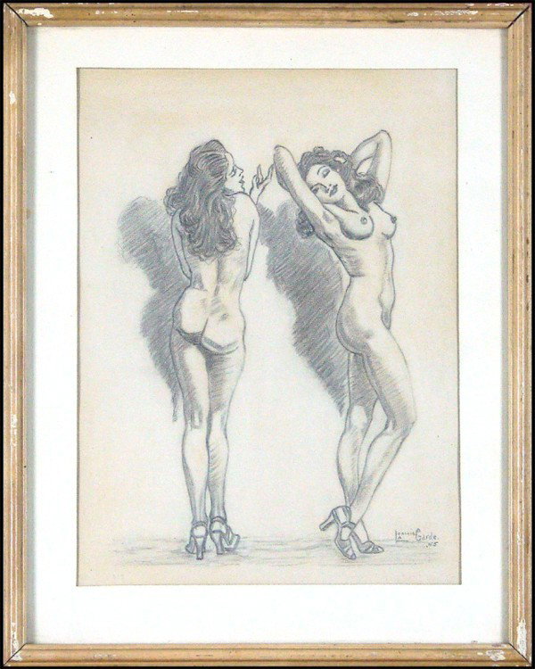 Andrew Loomis (1892-1959) American: GARDE (NUDES), 1945, pencil drawing on paper, signed and dated lower right, sight 11 ½ x 8 ½", framed with glass, some discoloration and or coloring, otherwise in good condition. Artist: Andrew Loom