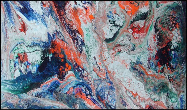 Richard Mann (20th Century) Californian: UNTITLED, acrylic painting on wood, signed lower center, 36 x 60”, ½” x 5/8” chip upper left corner and ½ x ¼” chip lower left corner, otherwise in good condition. Artist: Richard Mann (20t