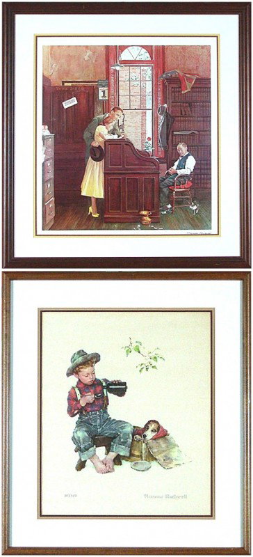 Norman Rockwell (1894-1978) American (two): THE MARRIAGE LICENSE; TAKING MEDICINE, two color prints, both with printed signatures, from the numbered editions 2500 & 350, images 22 ½ x 20 ¾" & 18 x 15", toning, otherwise in good condition, bot