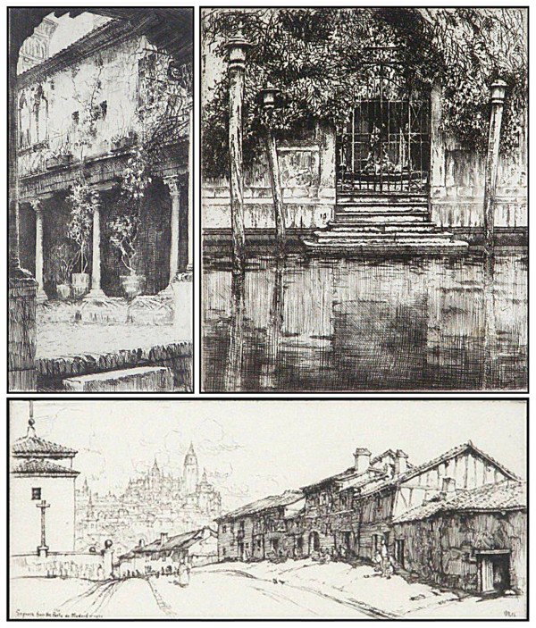 Ernest D. Roth (1879-1964) American (three): VENETIAN DOORWAY, 1906, engraving, signed in pencil, image 7 ½ x 6 3/8", discoloration spots and speckles; COURTYARD, 1905, engraving, signed in pencil, image 9 ½ x 4 ½"; SEGORIA from the Portu De 