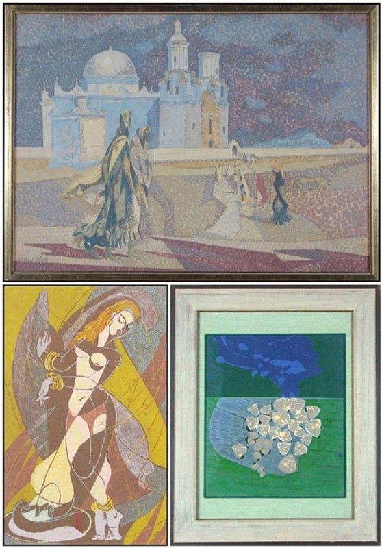 Millard Sheets, Lena Gurr & Harvey (three): EVENING AT SAN XAVIER MISSION, ARIZONA, color screenprint, signed in pencil, sheet 22 x 30", four creases with associated ink loss upper top sheet edge, color possibly faded; Together with Lena Gurr,