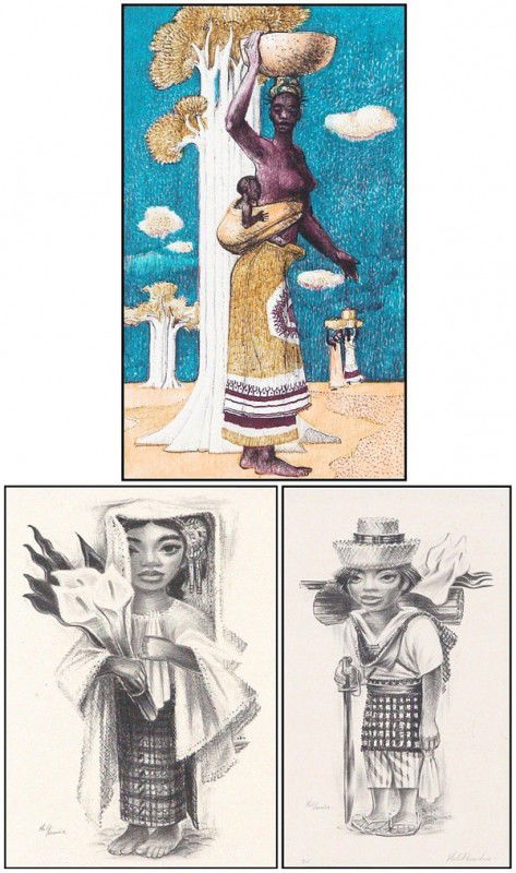 Millard Sheets & Phil Paradise (three): BALINESE MOTHER AND CHILD, 1970, color lithograph, signed in pencil, image 10 x 6", full margins, matted, vertical crease left margin; Together with Phil Paradise, MARIA; THOMAS, 1948, two lithographs