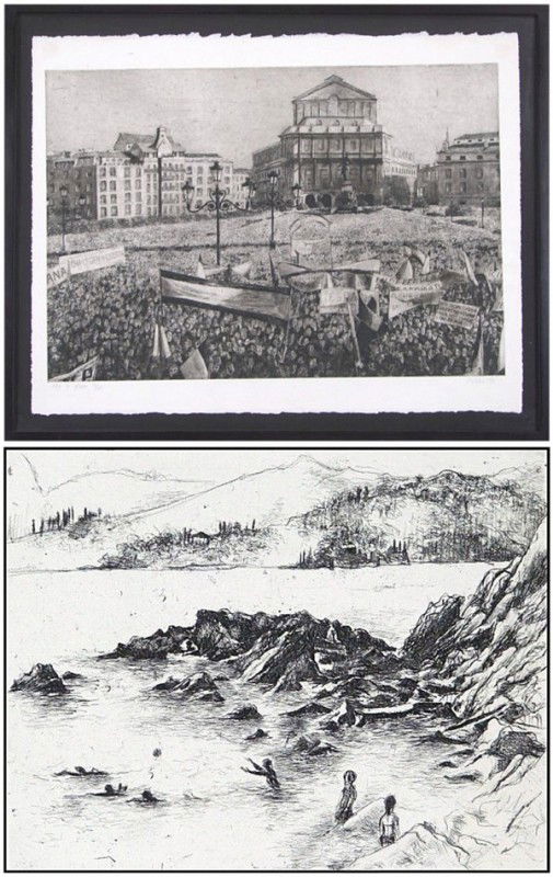 Moishe Smith (1929-1993) American (two): PAZ Y ORDEN, 1972, etching, signed in pencil, from the numbered edition 160, published by American Associated Artists, image 17 ½ x 25 ½", full margins, framed with glass, faint toning from hinges f