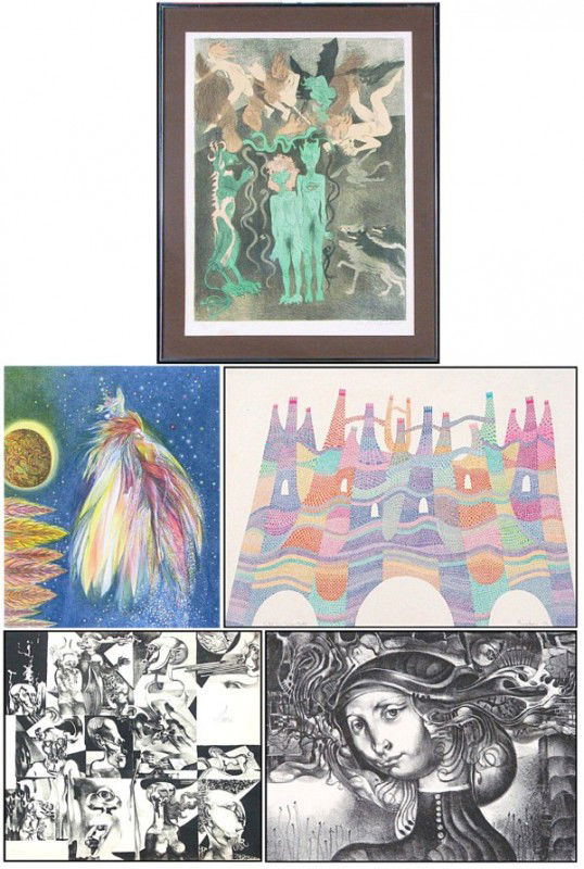 Raphael Soyer, Joseph A. Mugnaini & Ray Bradbury,: THE GENTLEMAN FROM CRACOW, 1970, color lithograph, signed in pencil, from the numbered edition 150, image 22 x 16 ½", full margins, framed with glass, mild toning, tide line stain in margin; Together