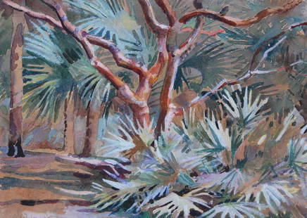 American School (20 th Century): PALMS, watercolor on card, signed or inscribed lower left in pencil, 7 x 10”, frame 15 ¾ x 18 ¾”.