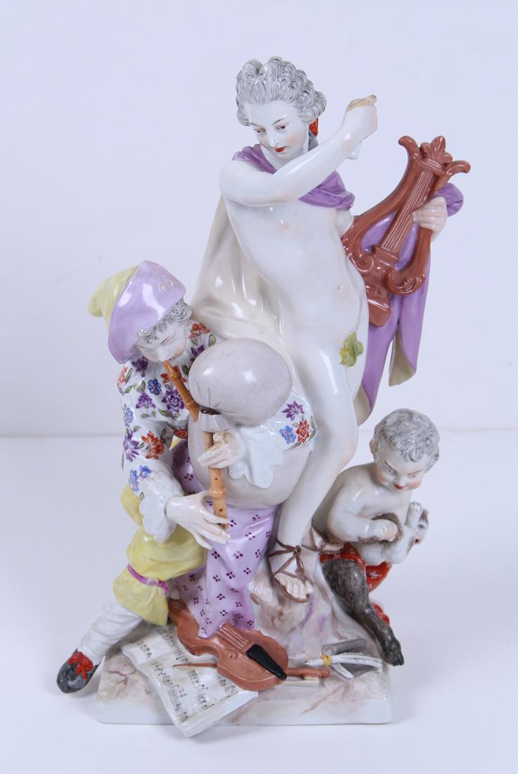 Continental Porcelain: APOLLO AND TWO FIGURES, enameled porcelain figurine, 12” tall.