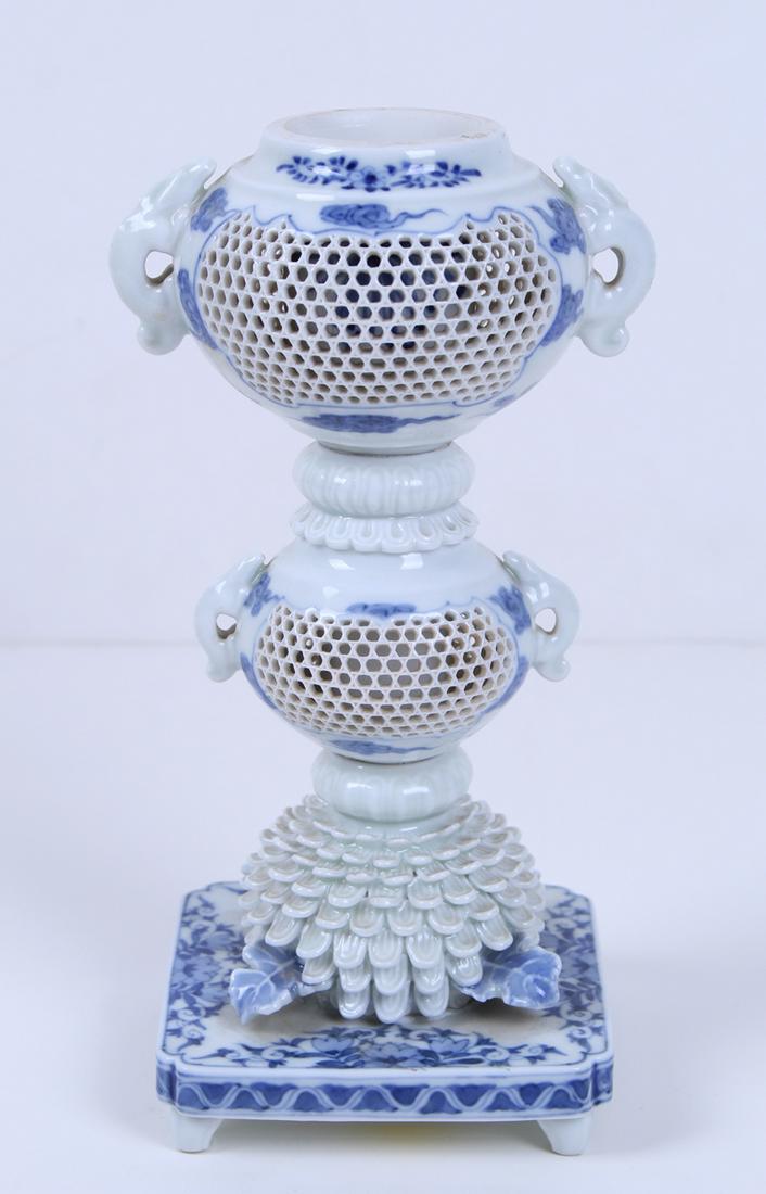 Japanese Hirado Reticulated Porcelain Incense Burner (possibly Meiji Period): Blue & White ware porcelain koro with pierced latticework, 9 ¼” tall.