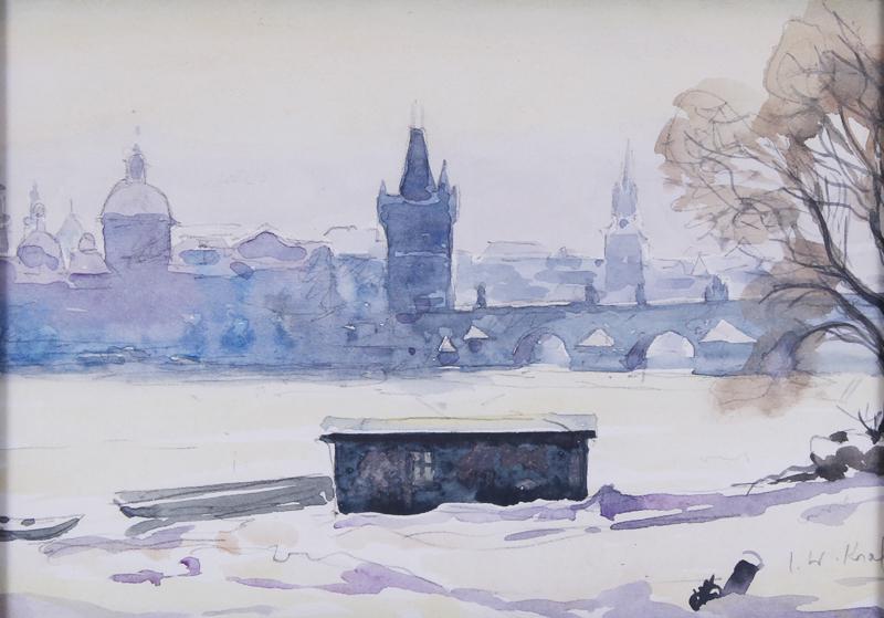 Imro Weiner Kral (1901-1978) Czech Republic German: BRIDGE, watercolor on chain laid paper, signed lower right, sight 5 ¾ x 8 ¼”, frame 8 ½ x 11” with glass.