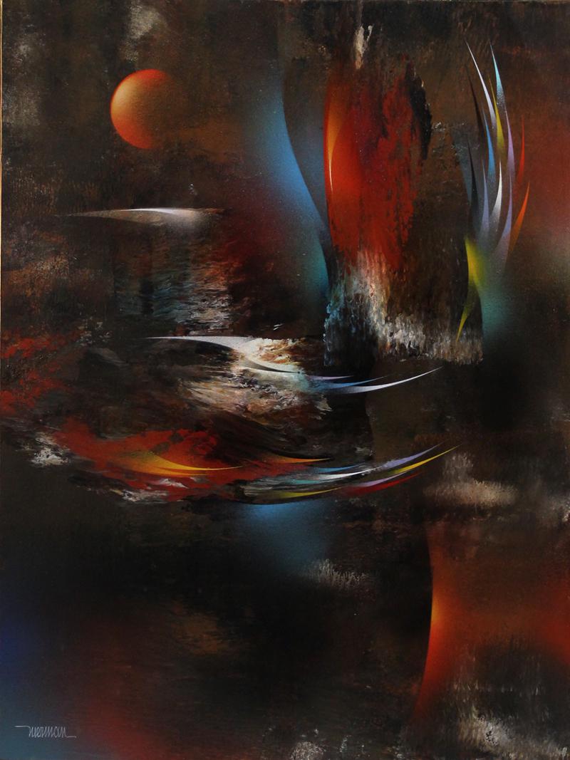 Leonardo Nierman (b. 1932) Mexican: INFLUENCIA SOLAR, oil painting on Masonite, signed lower left, titled on verso, 31 ½ x 23 ½”, artistâ€™s selected frame 38 ½ x 30 ½”.