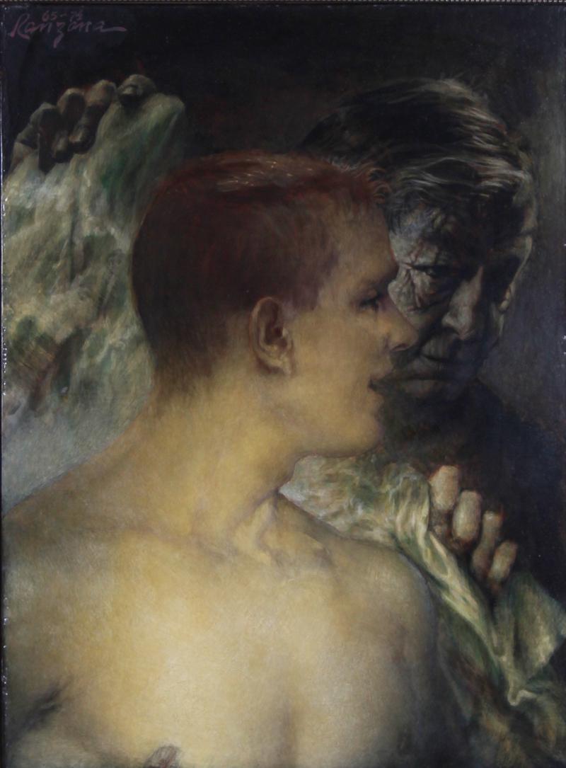 Ranzana (20 th Century): YOUNG AND OLD MAN, 1965-74, oil painting on Masonite, signed and dated upper left, 16 x 12”, frame 23 x 19”.