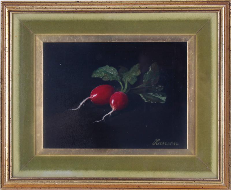 Josef Hansen Silhavy (1891-) Czech Republic: RADISHES, oil painting on Masonite, signed lower right, 6 x 8”, frame 10 x 12 ¼” with glass.