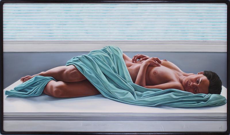 Artist Unidentified (20 th Century): RECLINING NUDE ON GREEN FABRIC, oil painting on canvas, signed lower right, including frame 29 x 49”.
