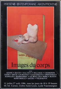 Francis Bacon & Michael Heizer posters (two): IMAGE DU CORPS, 1986, color exhibition poster, signed in ink lower right, Plexiglas box frame 70 ¼ x 47 ½”; Together with GEOMETRIC EXTRACTION, 1983, color exhibition poster for Mu