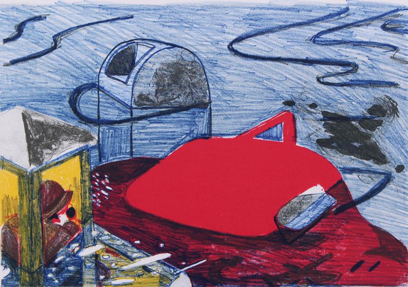 Charles Garabedian (1923-2016) Armenian American: CULVER CITY FLOOD, 1979, color lithograph, signed and numbered 5/50 in pencil, printed by Bud Shark, blind stamp lower right, image 7 x 10”, sheet 19 ½ x 22 ½”, finger-jointe